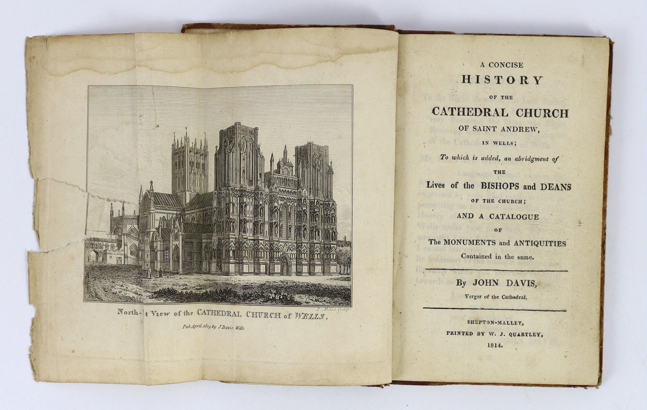 SOMERSET: Davis, John - A Concise History of the Cathedral Church of St. Andrew, in Wells....folded frontis., contemp. roan backed marbled boards, 12mo. Salisbury, (1809); Davis, John - A Concise History of the Cathedral